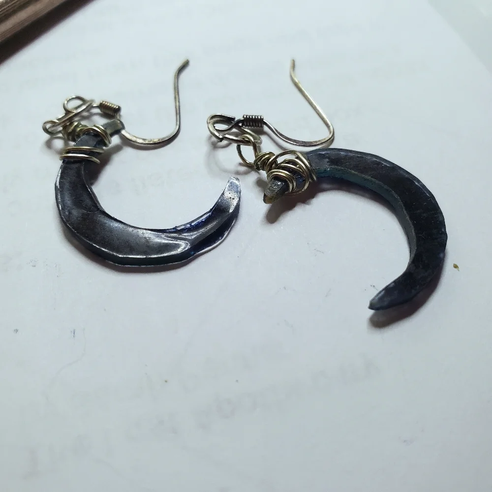 Wire Wrapped Deep Blue Rustic Witchy Crescent Moon Dangle Earrings